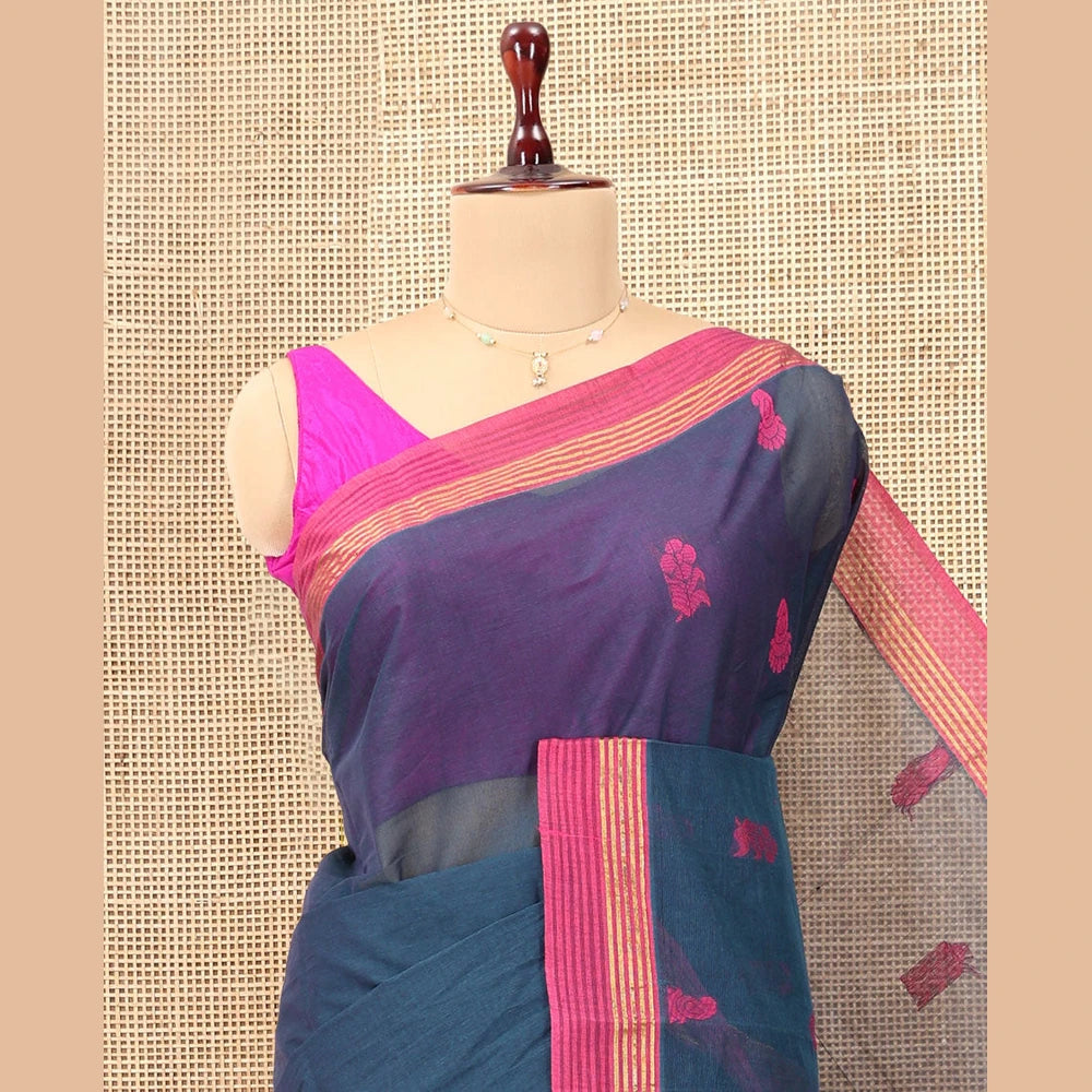Pothys Blue Kanchi Cotton Saree, Woven with Floral Buttas, a Contrast Border, Paisley Pallu, and a Matching Blouse
