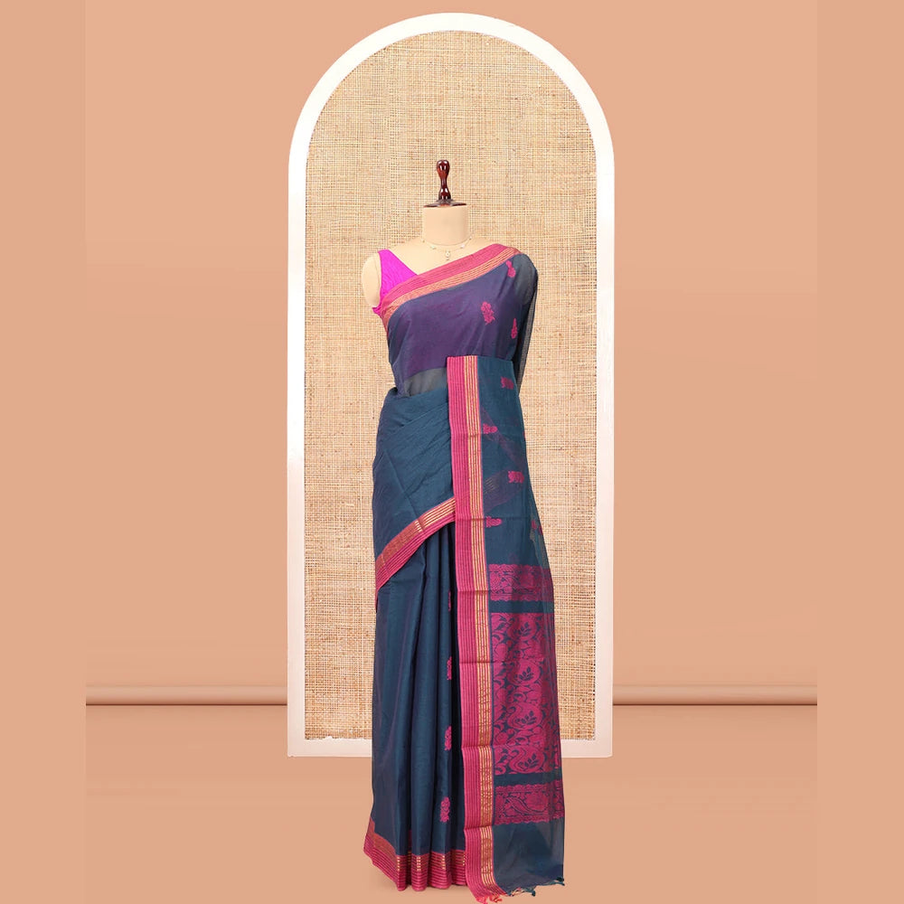 Pothys Blue Kanchi Cotton Saree, Woven with Floral Buttas, a Contrast Border, Paisley Pallu, and a Matching Blouse