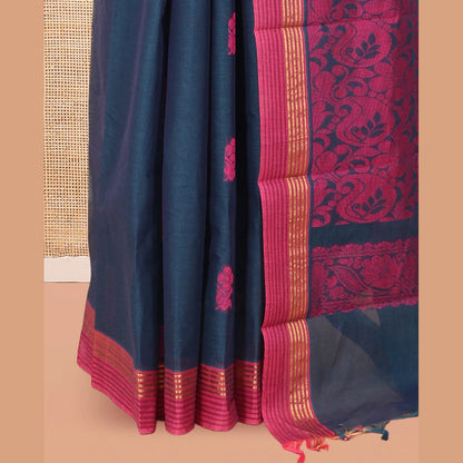 Pothys Blue Kanchi Cotton Saree, Woven with Floral Buttas, a Contrast Border, Paisley Pallu, and a Matching Blouse