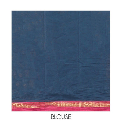 Pothys Blue Kanchi Cotton Saree, Woven with Floral Buttas, a Contrast Border, Paisley Pallu, and a Matching Blouse