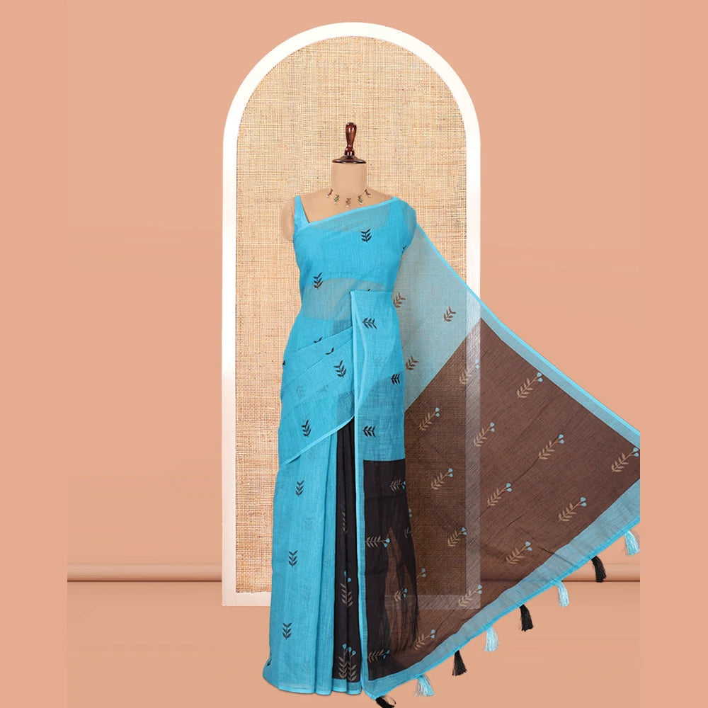 Pothys Borderless Blue Linen Cotton Saree with Leaf Print, a Contrast Leaf-Printed Pallu, and Contrast Blouse