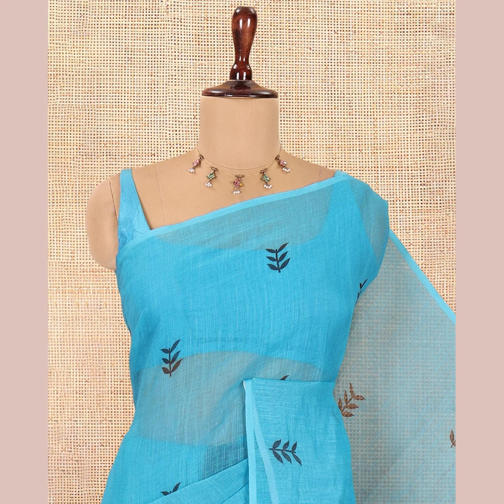 Pothys Borderless Blue Linen Cotton Saree with Leaf Print, a Contrast Leaf-Printed Pallu, and Contrast Blouse