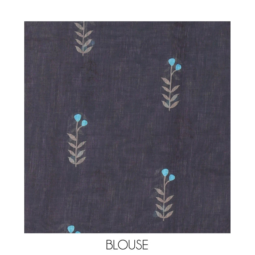 Pothys Borderless Blue Linen Cotton Saree with Leaf Print, a Contrast Leaf-Printed Pallu, and Contrast Blouse