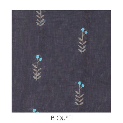 Pothys Borderless Blue Linen Cotton Saree with Leaf Print, a Contrast Leaf-Printed Pallu, and Contrast Blouse