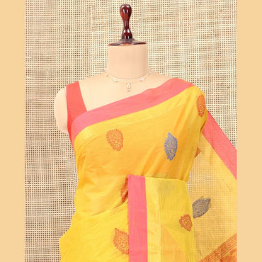 Pothys Yellow Kanchi Cotton Saree, Woven with Thread Buttas, a Contrast Border, Pallu of Floral and Animal Design, and a Matching Blouse
