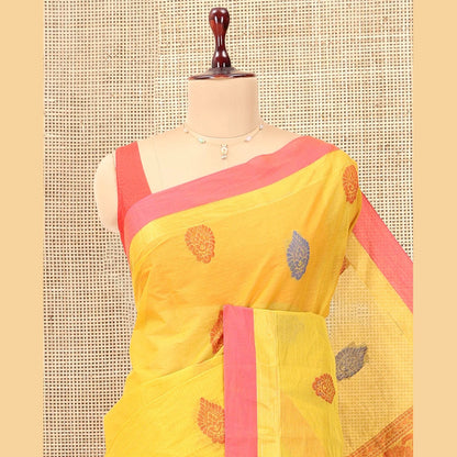 Pothys Yellow Kanchi Cotton Saree, Woven with Thread Buttas, a Contrast Border, Pallu of Floral and Animal Design, and a Matching Blouse