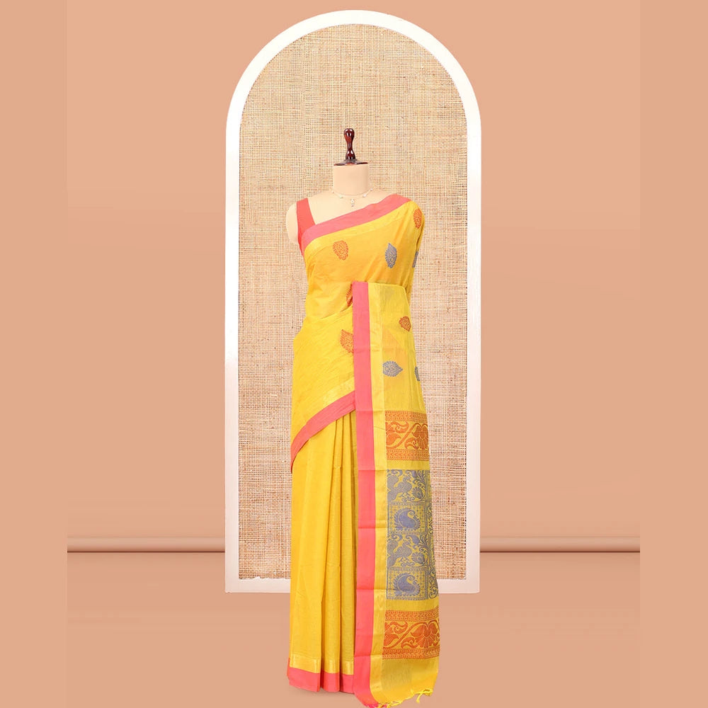 Pothys Yellow Kanchi Cotton Saree, Woven with Thread Buttas, a Contrast Border, Pallu of Floral and Animal Design, and a Matching Blouse