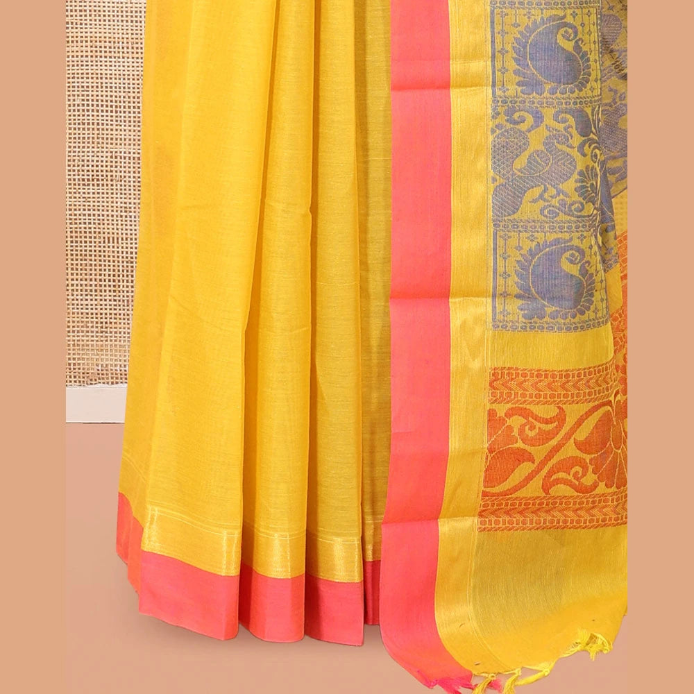Pothys Yellow Kanchi Cotton Saree, Woven with Thread Buttas, a Contrast Border, Pallu of Floral and Animal Design, and a Matching Blouse