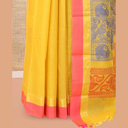Pothys Yellow Kanchi Cotton Saree, Woven with Thread Buttas, a Contrast Border, Pallu of Floral and Animal Design, and a Matching Blouse