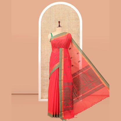 Pothys Red Kanchi Cotton Saree, Woven with Thread Buttas, a Contrast Border, Pallu of Floral Design, and a Matching Blouse