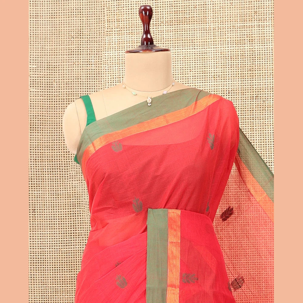Pothys Red Kanchi Cotton Saree, Woven with Thread Buttas, a Contrast Border, Pallu of Floral Design, and a Matching Blouse