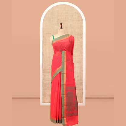 Pothys Red Kanchi Cotton Saree, Woven with Thread Buttas, a Contrast Border, Pallu of Floral Design, and a Matching Blouse