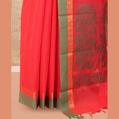 Pothys Red Kanchi Cotton Saree, Woven with Thread Buttas, a Contrast Border, Pallu of Floral Design, and a Matching Blouse