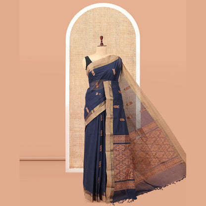 Pothys Navy Blue Blue Kanchi Cotton Saree, Woven with Thread Buttas, a Contrast Border, Pallu of Intricate Design, and a Matching Blouse