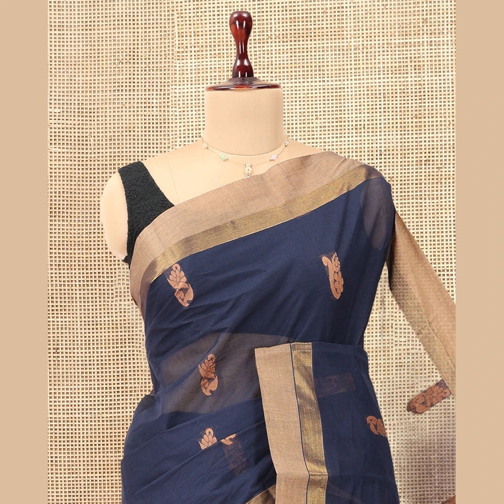 Pothys Navy Blue Blue Kanchi Cotton Saree, Woven with Thread Buttas, a Contrast Border, Pallu of Intricate Design, and a Matching Blouse