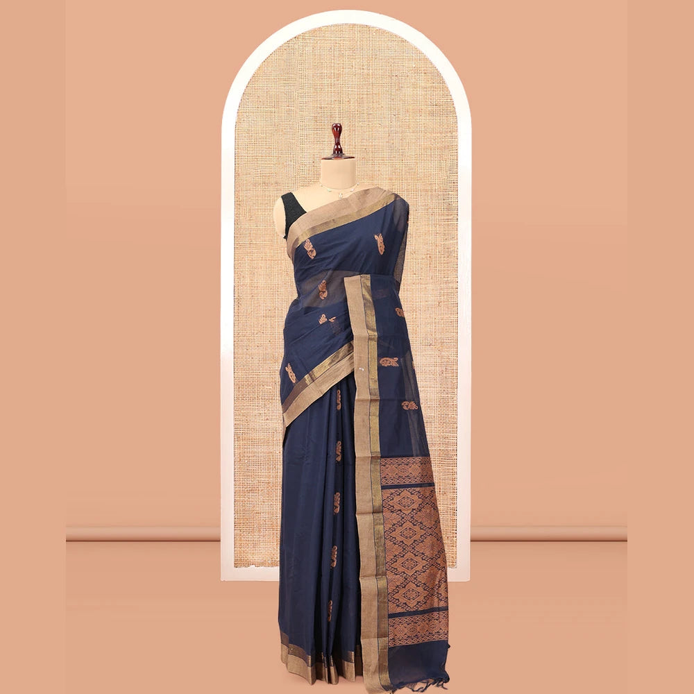 Pothys Navy Blue Blue Kanchi Cotton Saree, Woven with Thread Buttas, a Contrast Border, Pallu of Intricate Design, and a Matching Blouse
