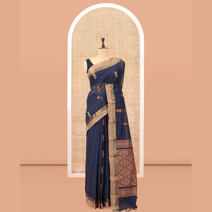 Pothys Navy Blue Blue Kanchi Cotton Saree, Woven with Thread Buttas, a Contrast Border, Pallu of Intricate Design, and a Matching Blouse