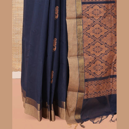Pothys Navy Blue Blue Kanchi Cotton Saree, Woven with Thread Buttas, a Contrast Border, Pallu of Intricate Design, and a Matching Blouse