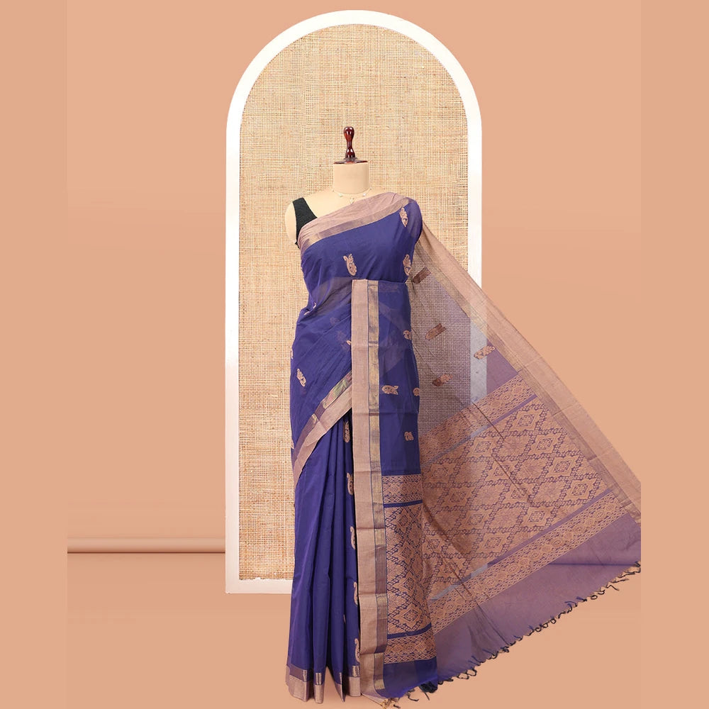Pothys Ink Blue Kanchi Cotton Saree, Woven with Thread Buttas, a Contrast Border, Pallu of Intricate Design, and a Matching Blouse