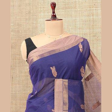 Pothys Ink Blue Kanchi Cotton Saree, Woven with Thread Buttas, a Contrast Border, Pallu of Intricate Design, and a Matching Blouse