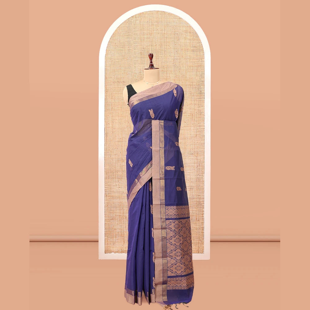 Pothys Ink Blue Kanchi Cotton Saree, Woven with Thread Buttas, a Contrast Border, Pallu of Intricate Design, and a Matching Blouse