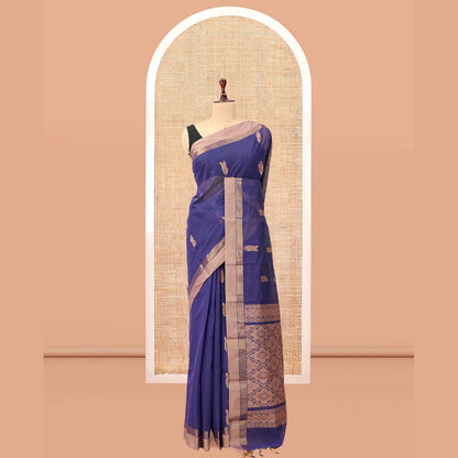 Pothys Ink Blue Kanchi Cotton Saree, Woven with Thread Buttas, a Contrast Border, Pallu of Intricate Design, and a Matching Blouse