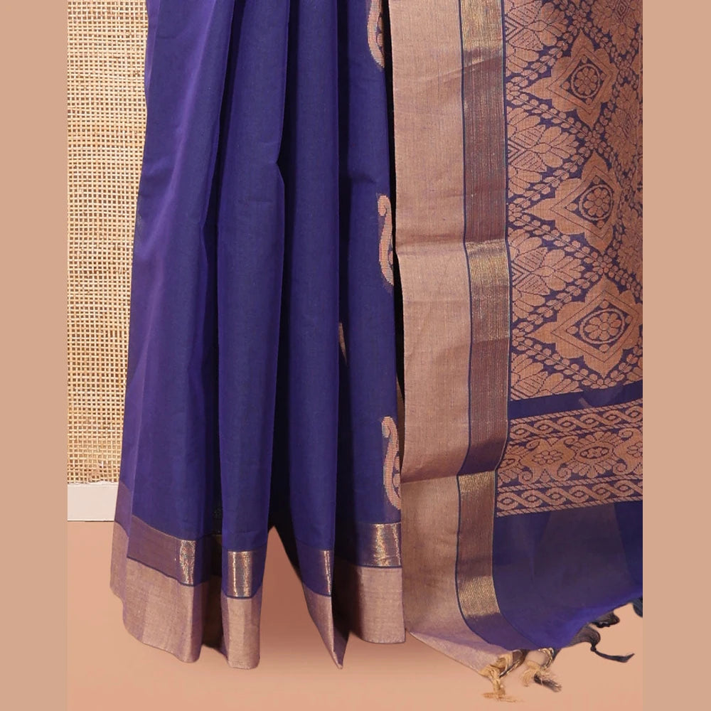 Pothys Ink Blue Kanchi Cotton Saree, Woven with Thread Buttas, a Contrast Border, Pallu of Intricate Design, and a Matching Blouse