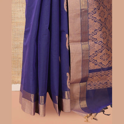 Pothys Ink Blue Kanchi Cotton Saree, Woven with Thread Buttas, a Contrast Border, Pallu of Intricate Design, and a Matching Blouse
