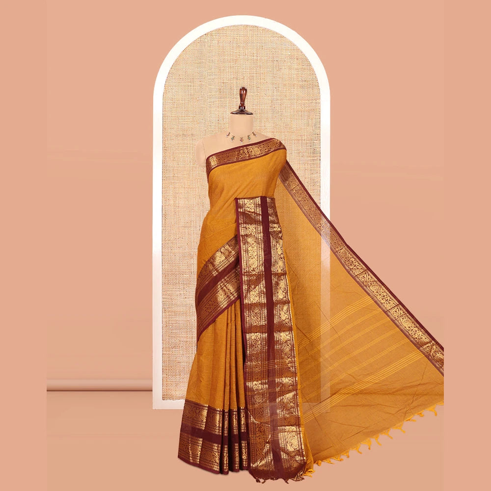 Pothys Mustard Plain Chettinad Cotton Saree, a Contrast Rettai Pettu Traditional Zari Border, Striped Pallu, and a Matching Blouse