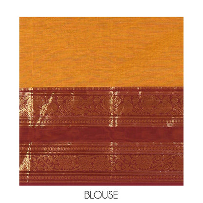 Pothys Mustard Plain Chettinad Cotton Saree, a Contrast Rettai Pettu Traditional Zari Border, Striped Pallu, and a Matching Blouse