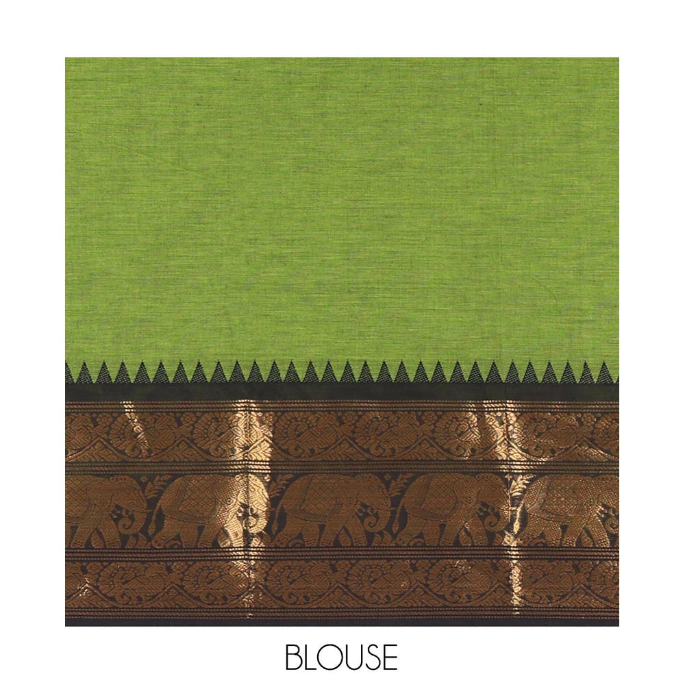 Pothys Green Plain Chettinad Cotton Saree, a Contrast Temple Elephant-Peacock Zari Border, Striped Pallu, and a Matching Blouse