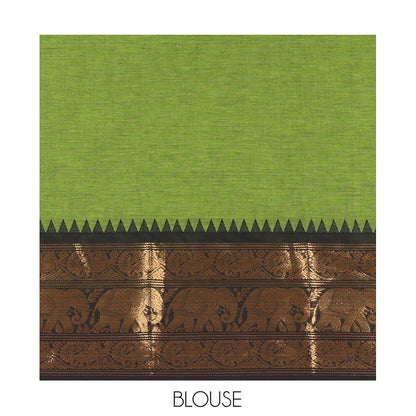 Pothys Green Plain Chettinad Cotton Saree, a Contrast Temple Elephant-Peacock Zari Border, Striped Pallu, and a Matching Blouse