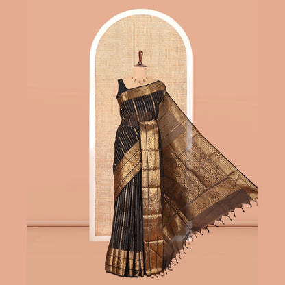 Pothys Black Zari Striped Chettinad Cotton Saree, a Traditional Zari Border, Grand Pallu, and a Matching Blouse
