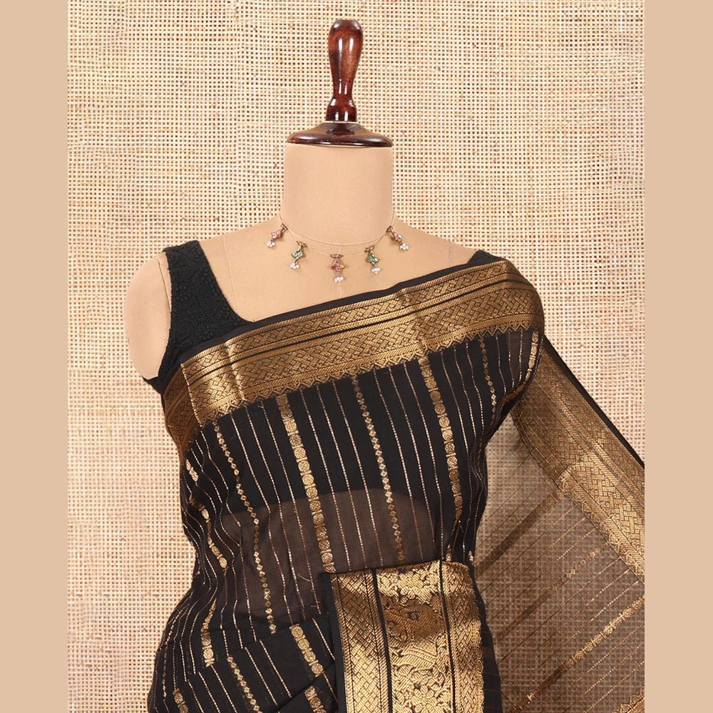 Pothys Black Zari Striped Chettinad Cotton Saree, a Traditional Zari Border, Grand Pallu, and a Matching Blouse