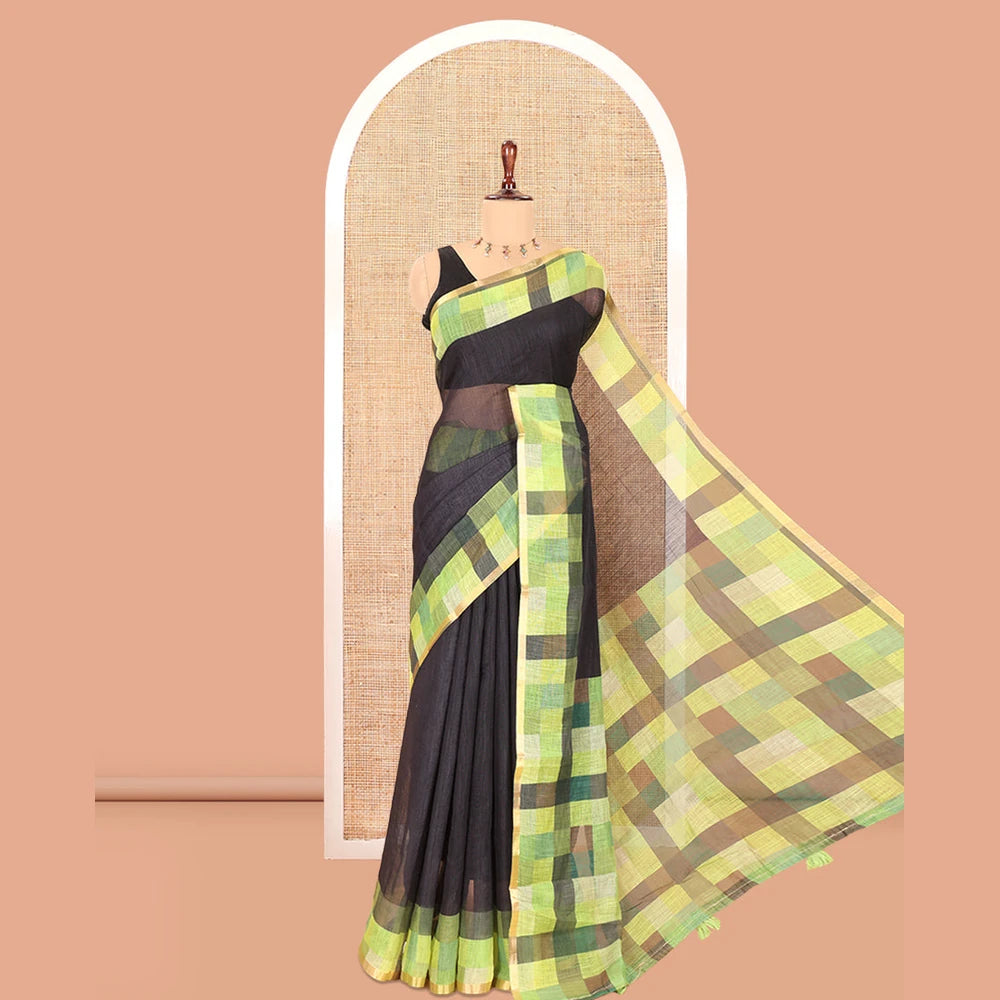 Pothys Black-Liril Green Plain Linen Cotton Saree, a Contrast Checked Border, Checked Pallu, and a Contrast Blouse