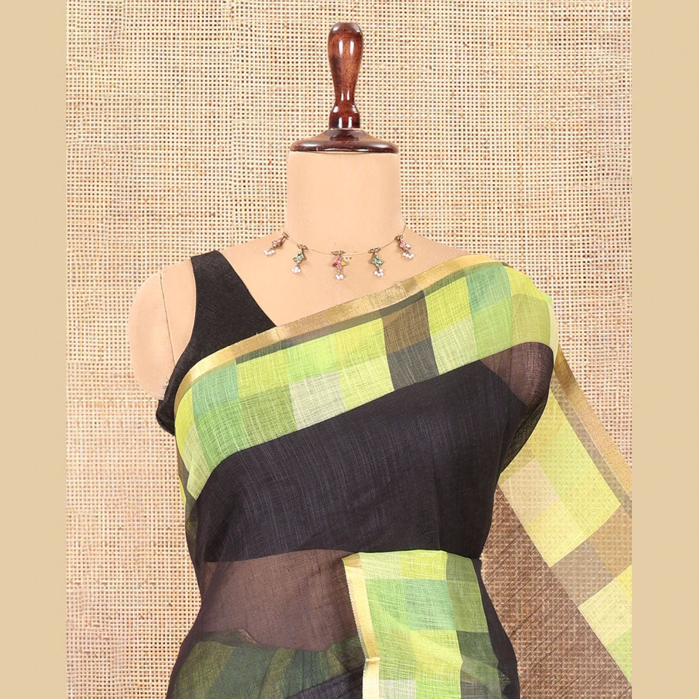 Pothys Black-Liril Green Plain Linen Cotton Saree, a Contrast Checked Border, Checked Pallu, and a Contrast Blouse