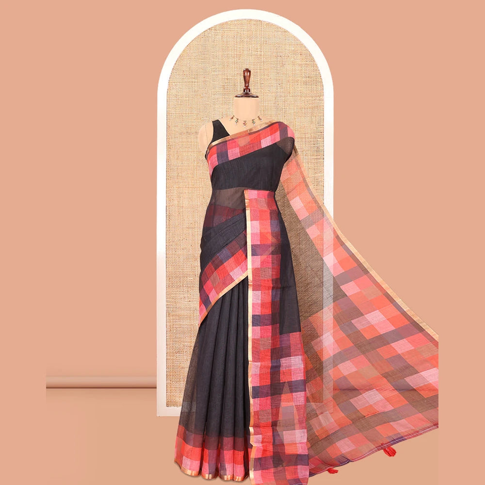 Pothys Black-Red Plain Linen Cotton Saree, a Contrast Checked Border, Checked Pallu, and a Contrast Blouse