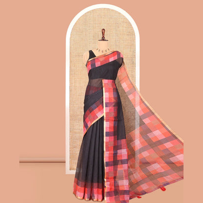 Pothys Black-Red Plain Linen Cotton Saree, a Contrast Checked Border, Checked Pallu, and a Contrast Blouse