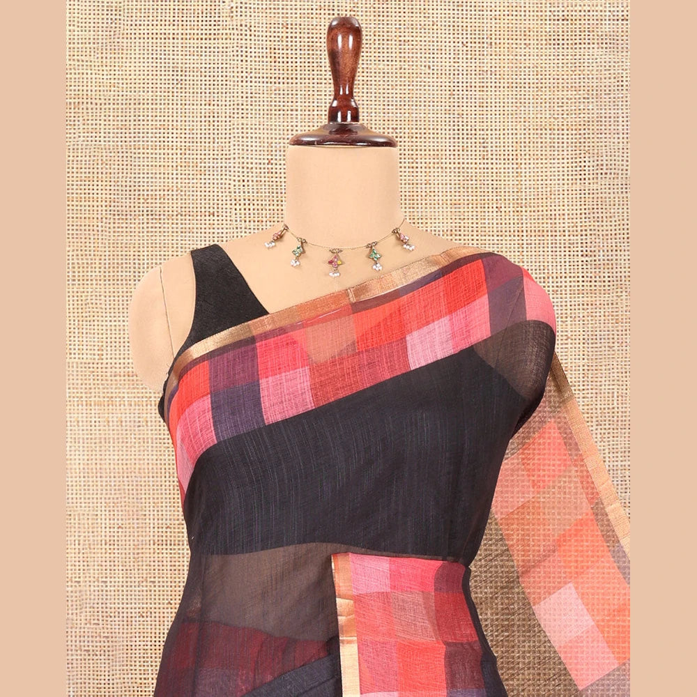 Pothys Black-Red Plain Linen Cotton Saree, a Contrast Checked Border, Checked Pallu, and a Contrast Blouse