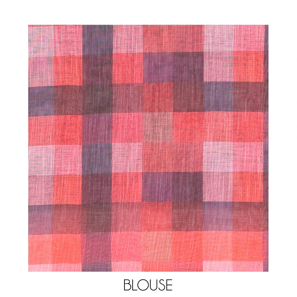Pothys Black-Red Plain Linen Cotton Saree, a Contrast Checked Border, Checked Pallu, and a Contrast Blouse
