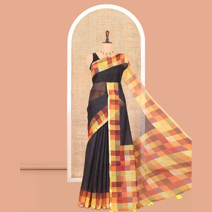 Pothys Black-Yellow Plain Linen Cotton Saree, a Contrast Checked Border, Checked Pallu, and a Contrast Blouse