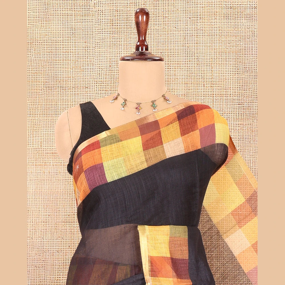 Pothys Black-Yellow Plain Linen Cotton Saree, a Contrast Checked Border, Checked Pallu, and a Contrast Blouse