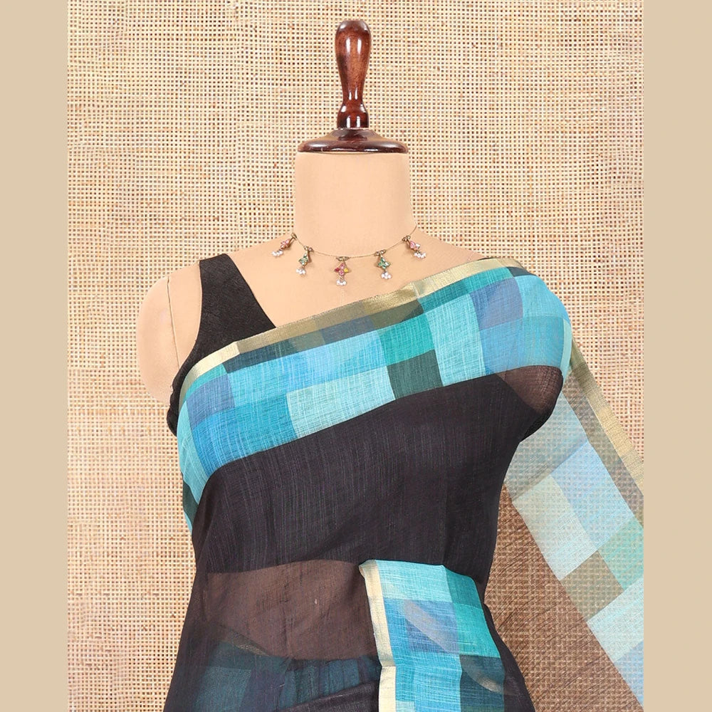 Pothys Black-Blue Plain Linen Cotton Saree, a Contrast Checked Border, Checked Pallu, and a Contrast Blouse