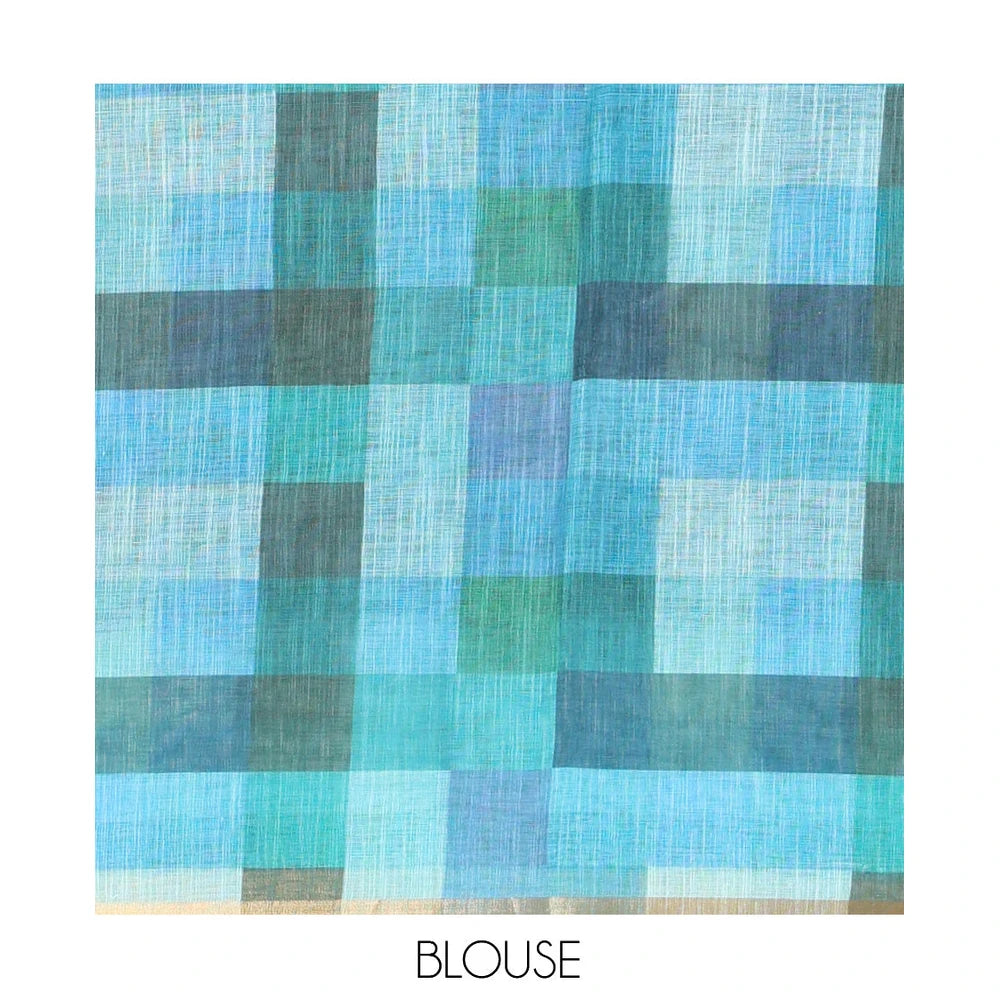 Pothys Black-Blue Plain Linen Cotton Saree, a Contrast Checked Border, Checked Pallu, and a Contrast Blouse