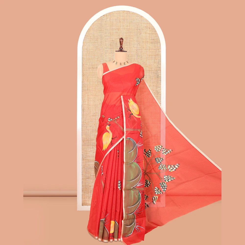 Pothys Red Kota Chex Saree, Embellished with Tree and Bird Print, a Piping Border, Pallu of Tree Motifs, and a Matching Blouse