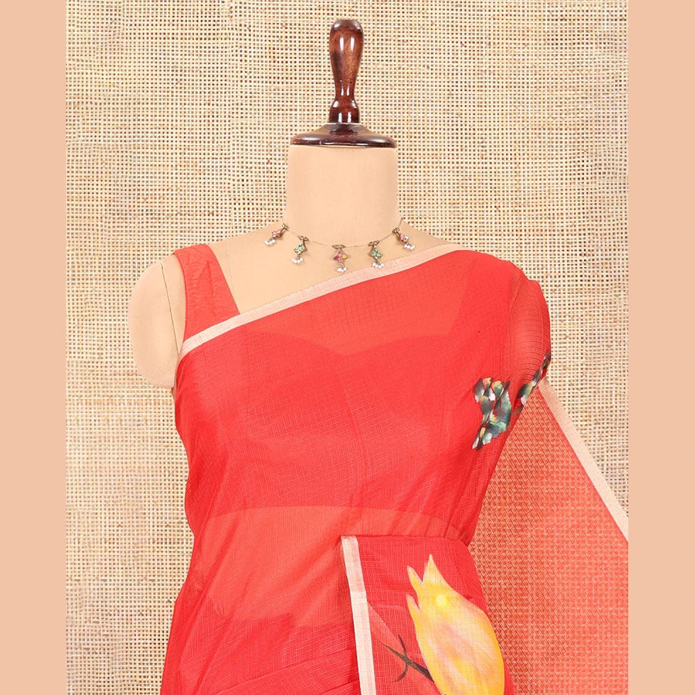 Pothys Red Kota Chex Saree, Embellished with Tree and Bird Print, a Piping Border, Pallu of Tree Motifs, and a Matching Blouse