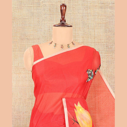 Pothys Red Kota Chex Saree, Embellished with Tree and Bird Print, a Piping Border, Pallu of Tree Motifs, and a Matching Blouse