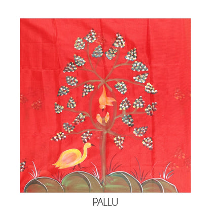 Pothys Red Kota Chex Saree, Embellished with Tree and Bird Print, a Piping Border, Pallu of Tree Motifs, and a Matching Blouse