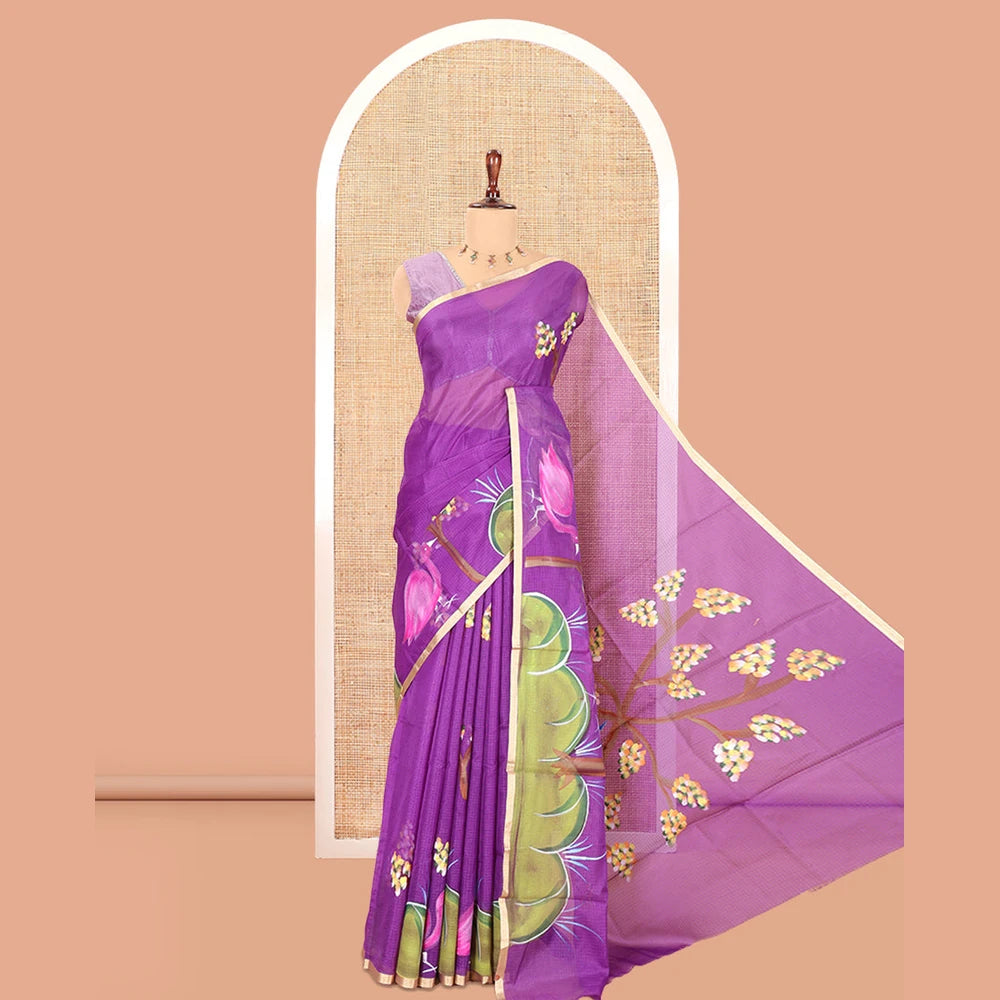 Pothys Violet Kota Chex Saree, Ornamented with Tree and Bird Print, a Piping Border, Pallu of Tree Motifs, and a Matching Blouse