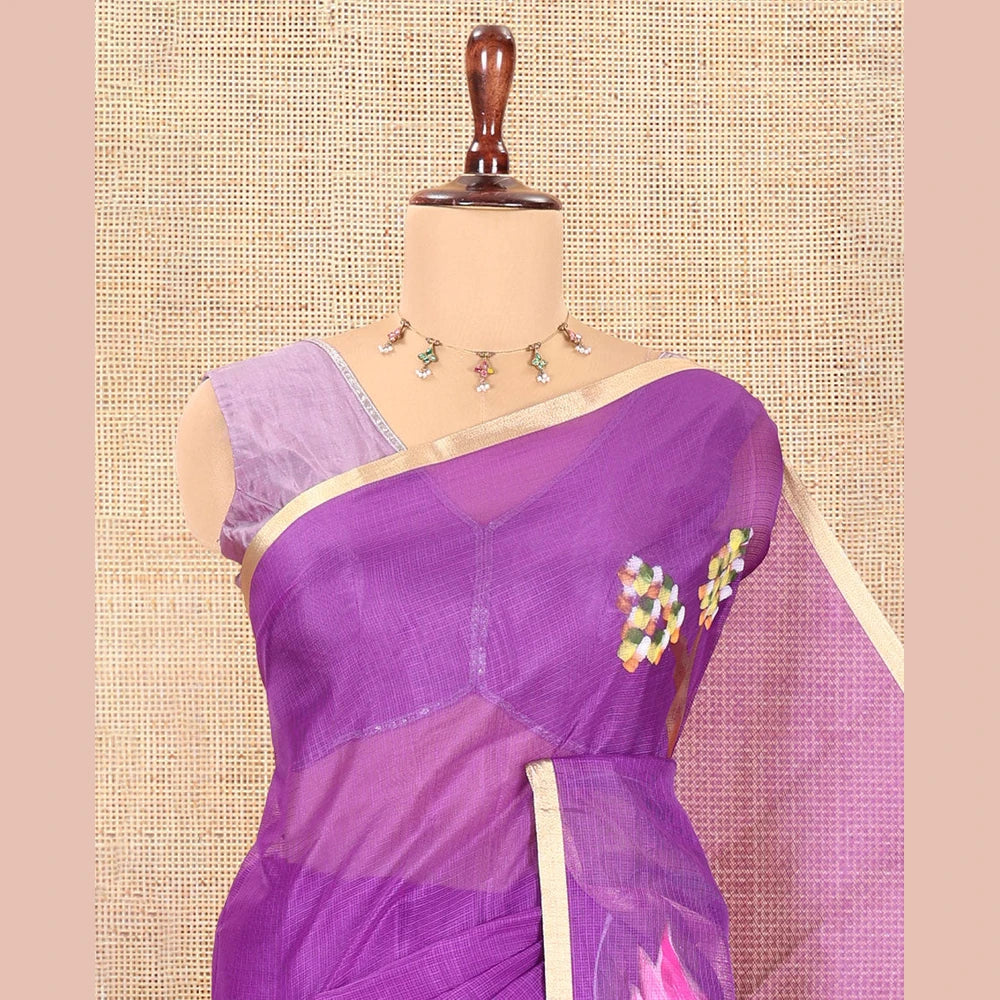 Pothys Violet Kota Chex Saree, Ornamented with Tree and Bird Print, a Piping Border, Pallu of Tree Motifs, and a Matching Blouse